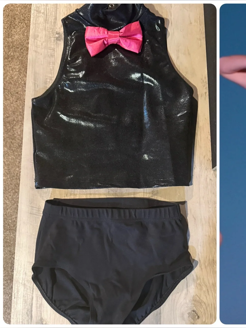 Black Shiny Top & High-Waist Bottom Costume with Pink Bow